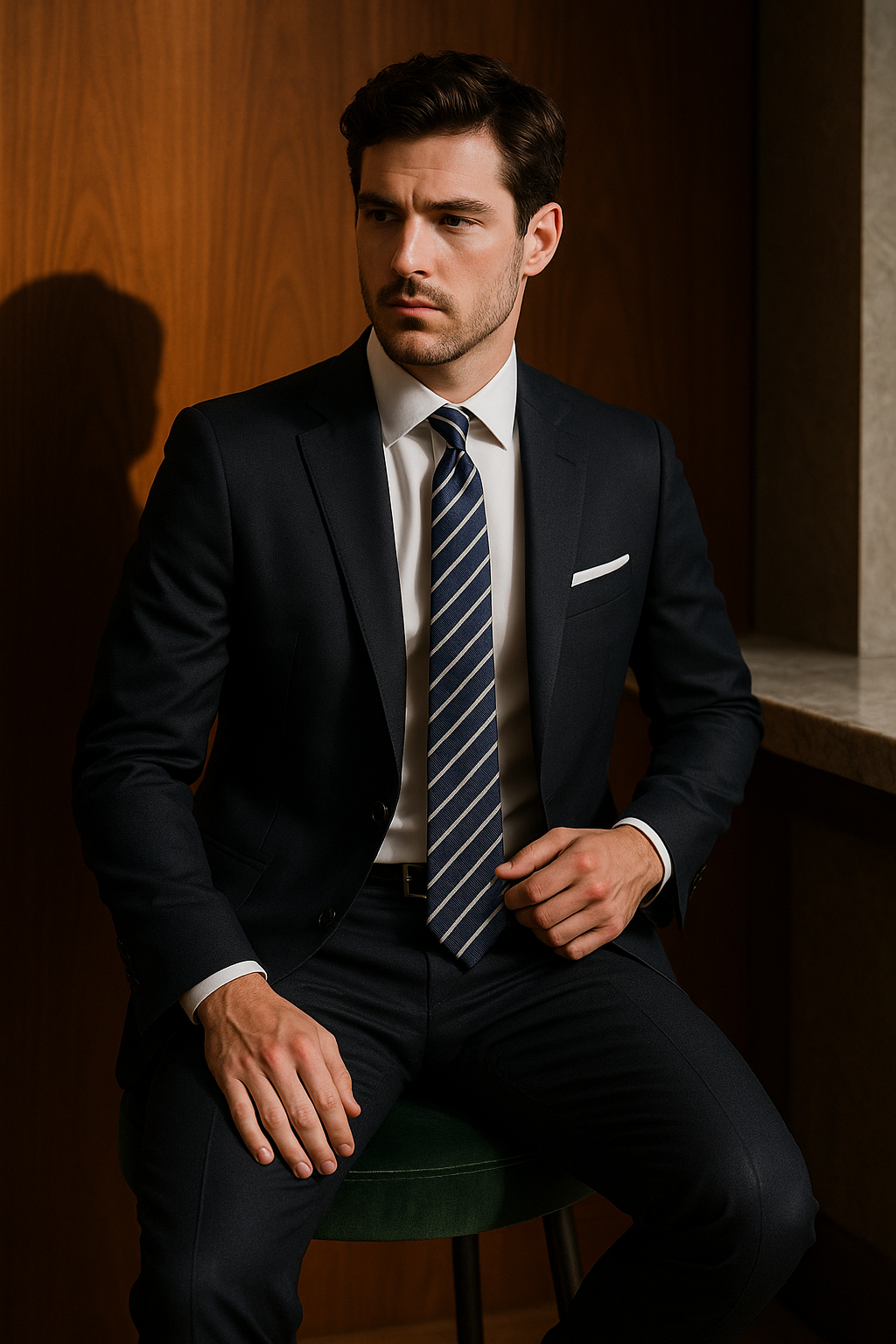 AI generated marketing image for Navy Blue Silver Stripe Skinny Tie