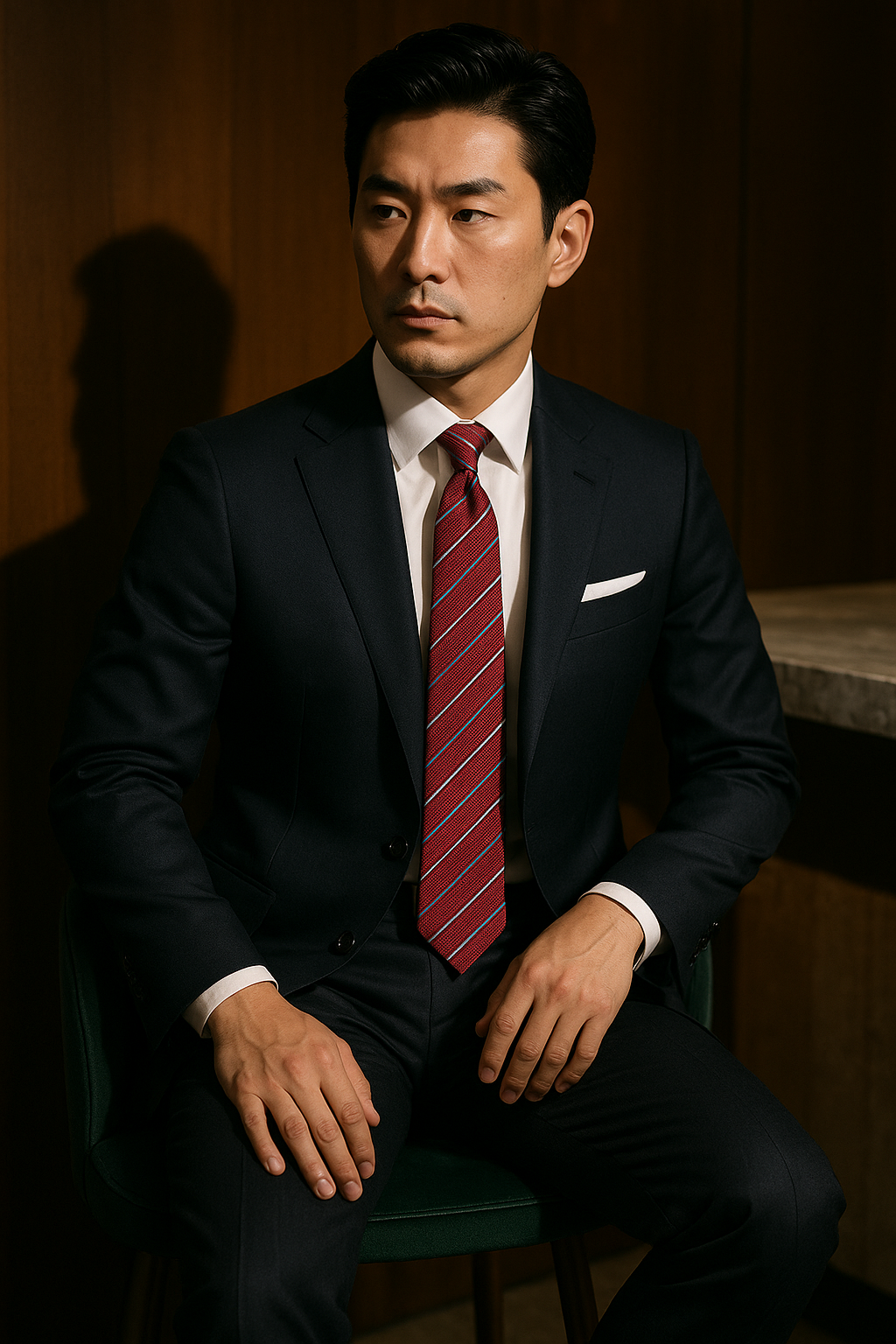 AI generated marketing image for Red with Thin Blue White Stripes Tie