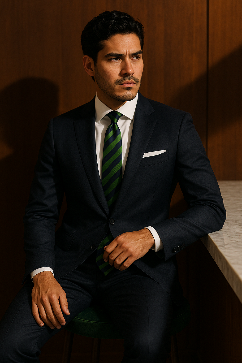 AI generated marketing image for Green Navy Blue Striped Tie