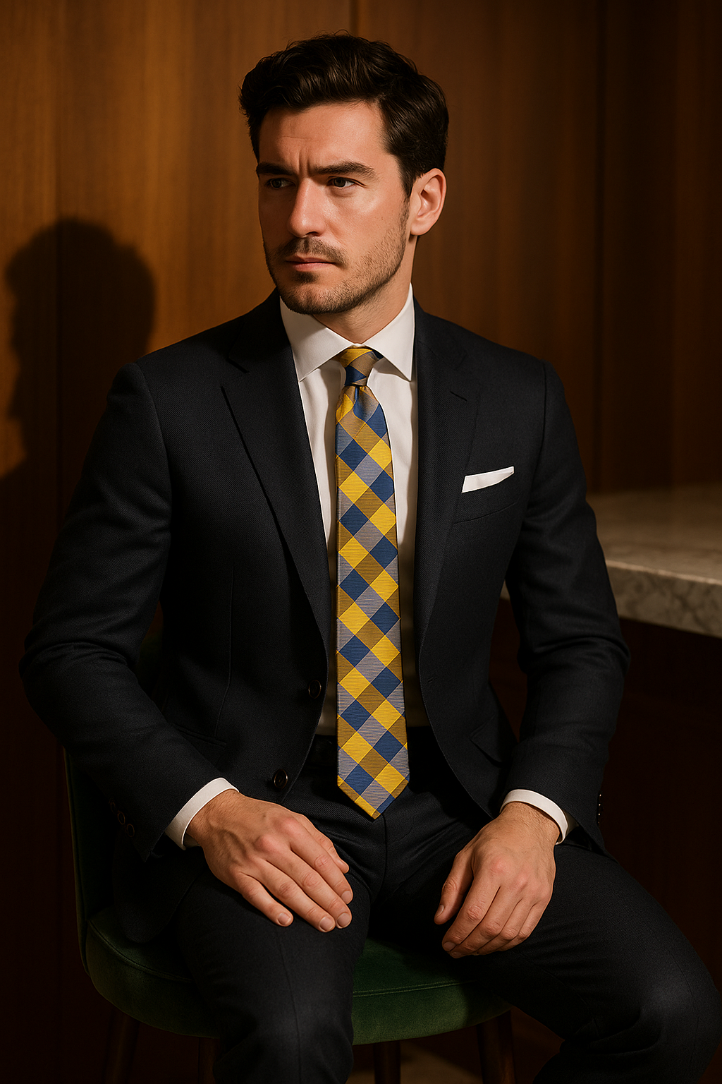 AI generated marketing image for Gold Blue Silver Plaid Traditional Tie