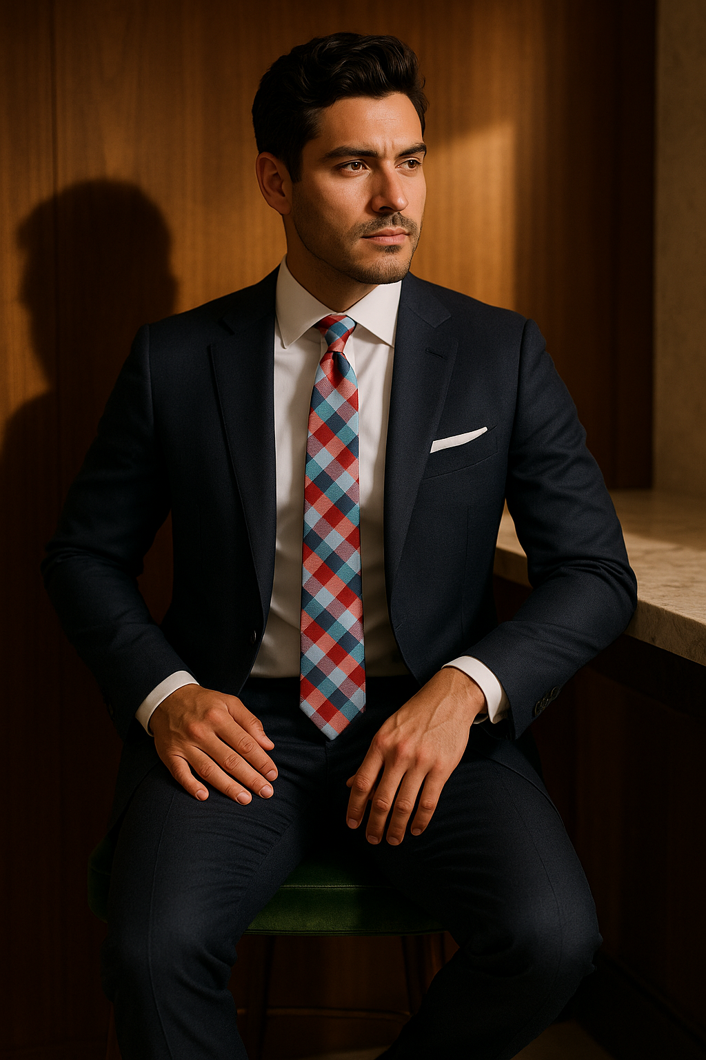 AI generated marketing image for Red Blue Green Striped Plaid Traditional Tie