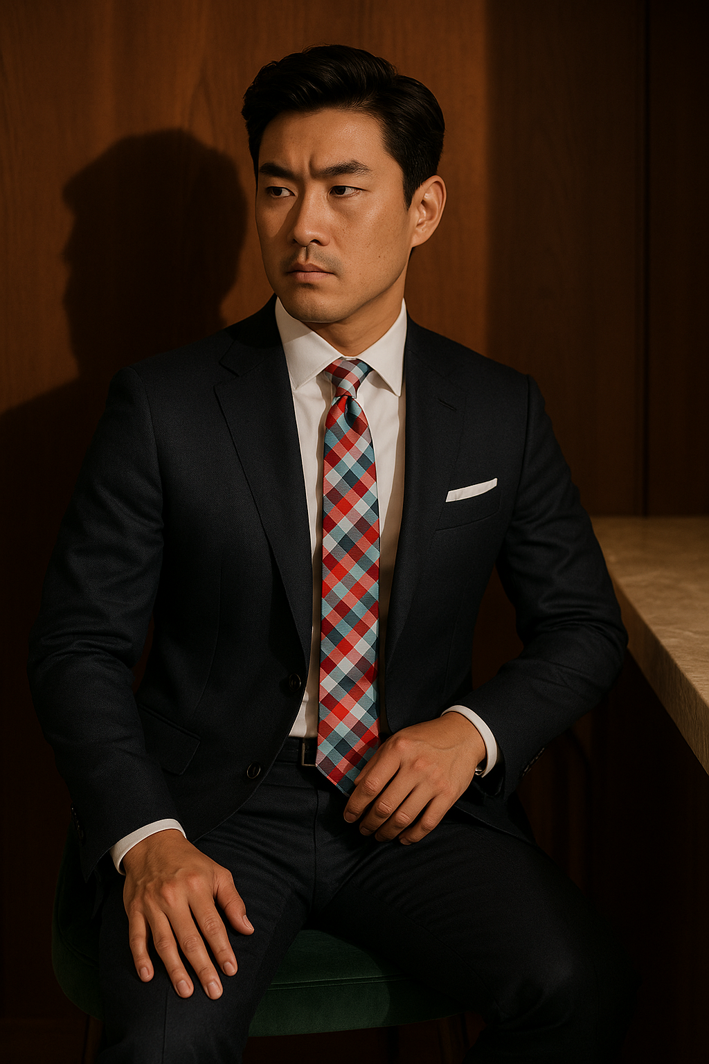 AI generated marketing image for Red Blue Green Striped Plaid Tie