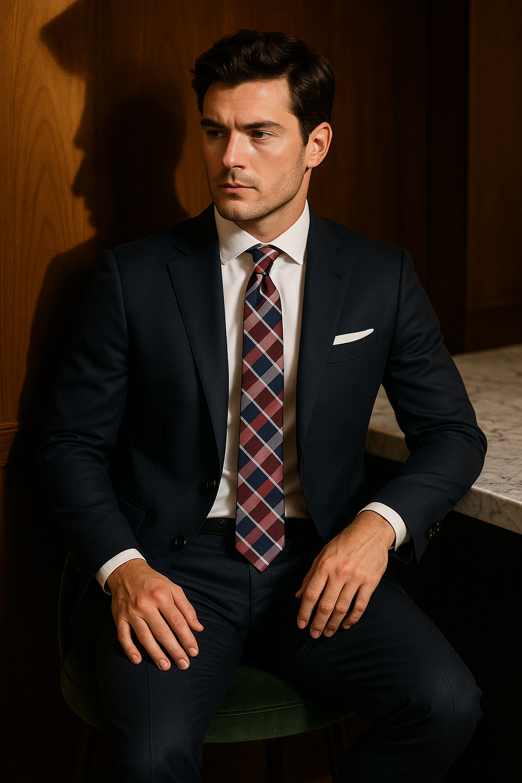 AI generated marketing image for Red Navy Silver Plaid Skinny Tie