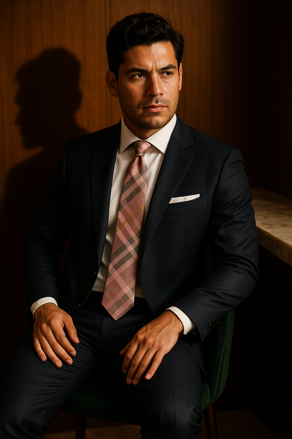 AI generated marketing image for Light Pink Plaid with Gold Stripe Tie