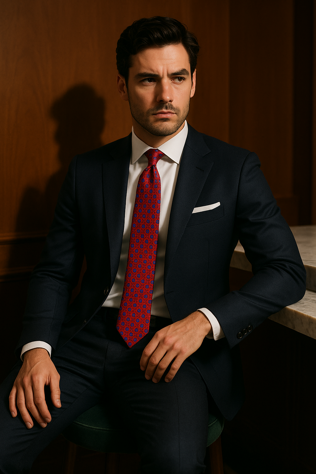 AI generated marketing image for Ruby Red and Blue Checkered Geometric Traditional Tie