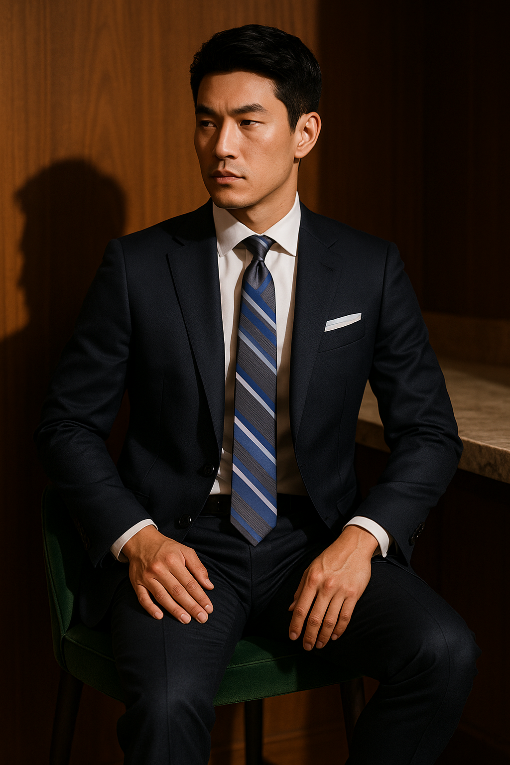 AI generated marketing image for Gray with Multi-Blue Striped Skinny Tie