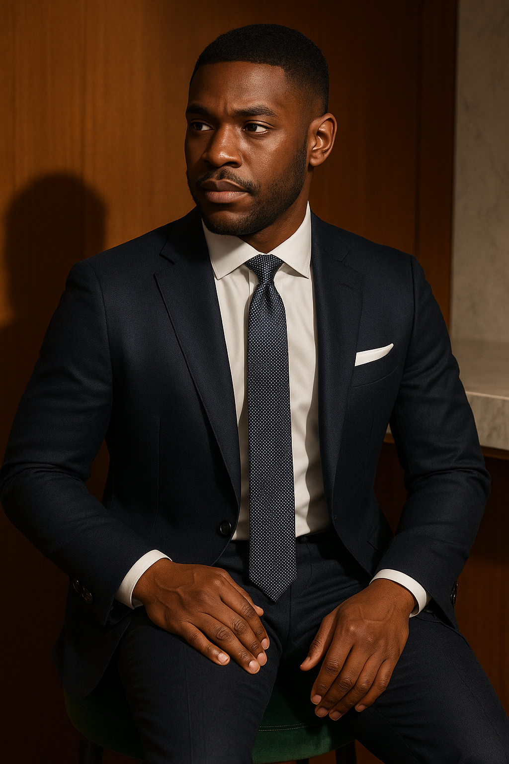 AI generated marketing image for Navy Blue Reflective Silver Dotted Tie