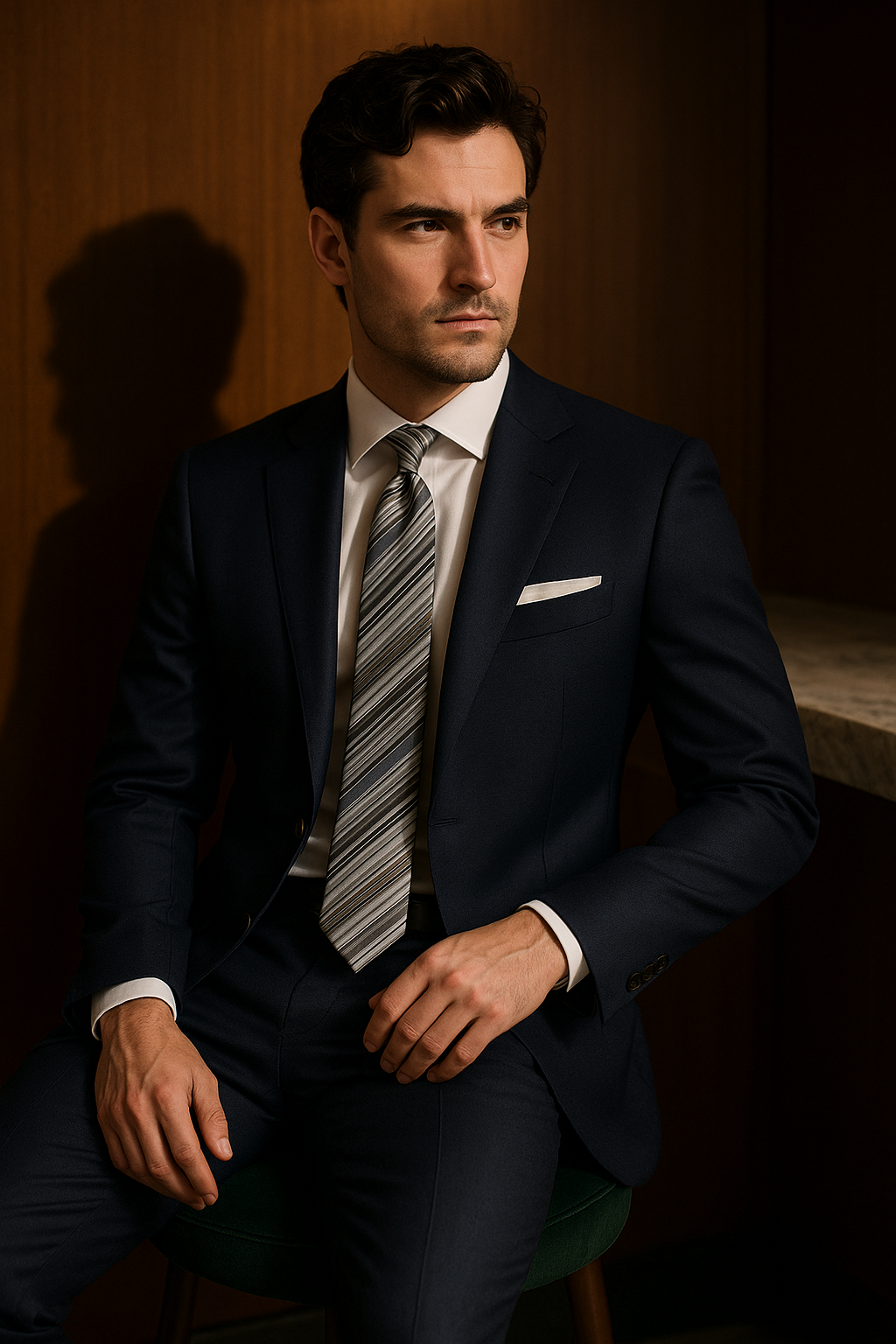 AI generated marketing image for Silver Core Striped Tie (regenerated)