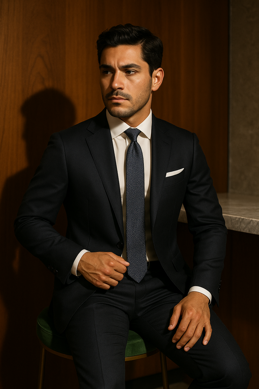 AI generated marketing image for Navy Blue Reflective Silver Dotted Traditional Tie