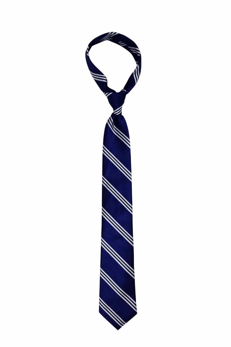 Blue Three Silver Striped Skinny Pre-tied Tie, Tie, GoTie