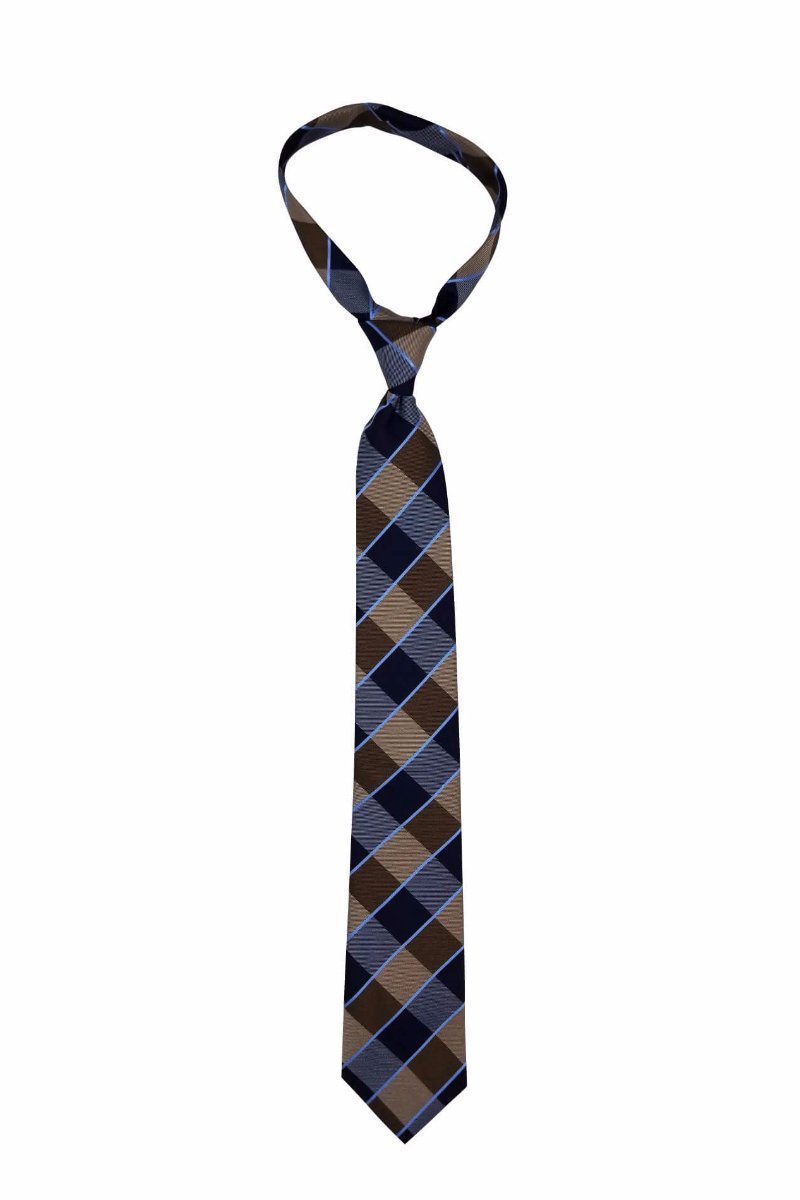 Brown Navy Plaid Skinny Pre-tied Tie, Tie, GoTie