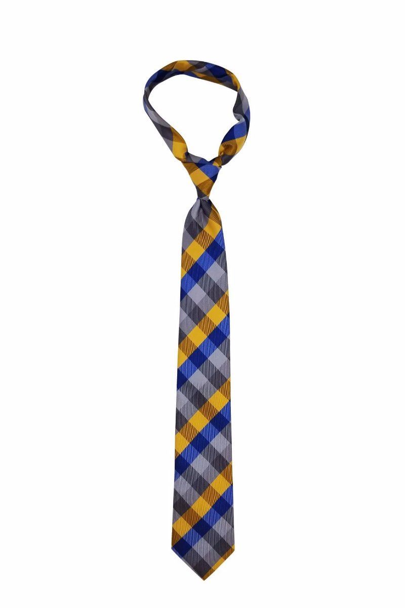 Gold Blue Silver Plaid Skinny Pre-tied Tie, Tie, GoTie