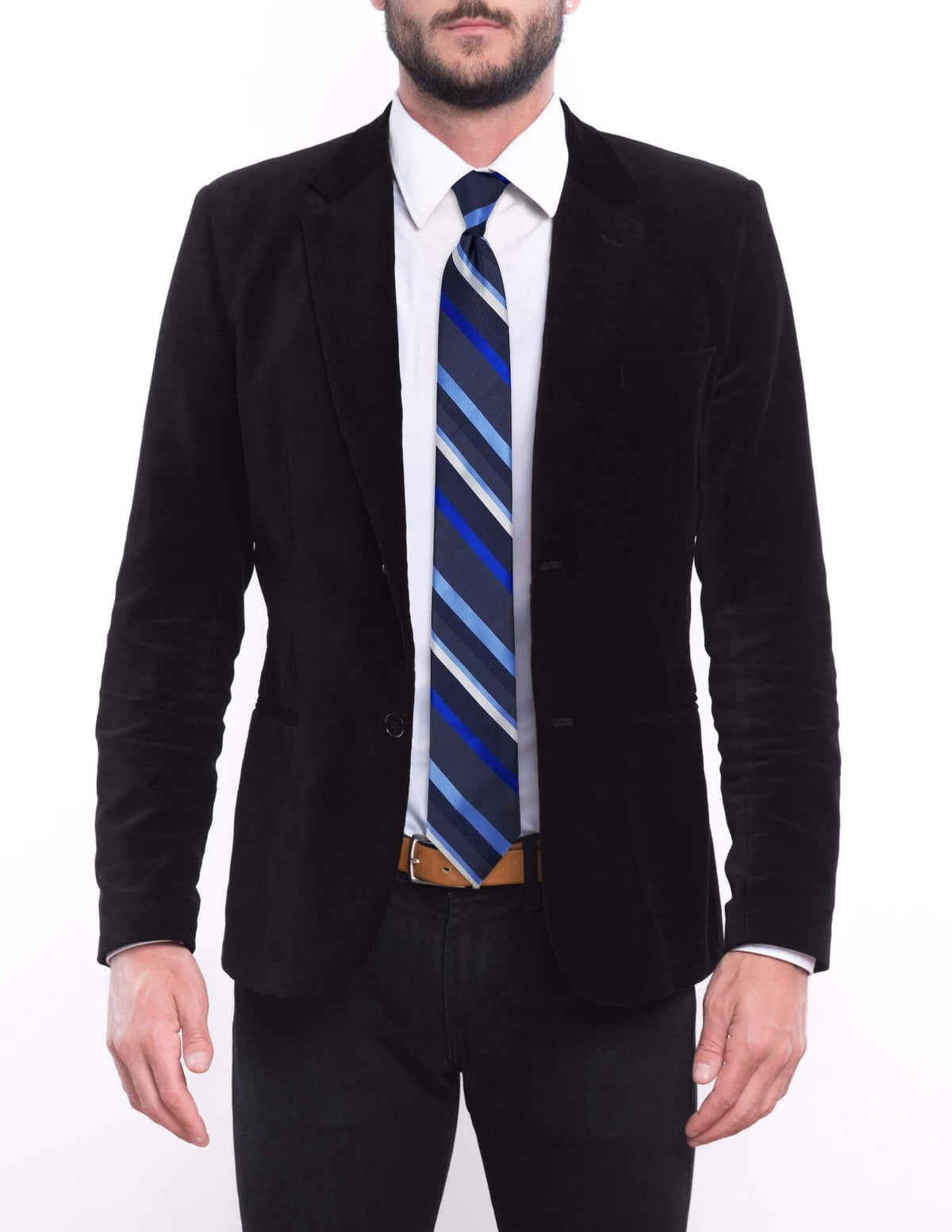Gray with Multi-Blue Striped Skinny Pre-tied Tie, Tie, GoTie