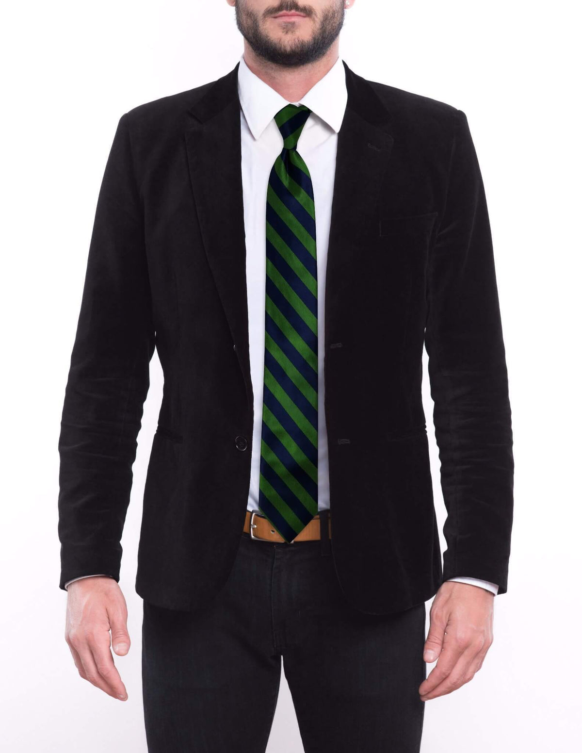 Green Navy Blue Striped Skinny Pre-tied Tie, Tie, GoTie