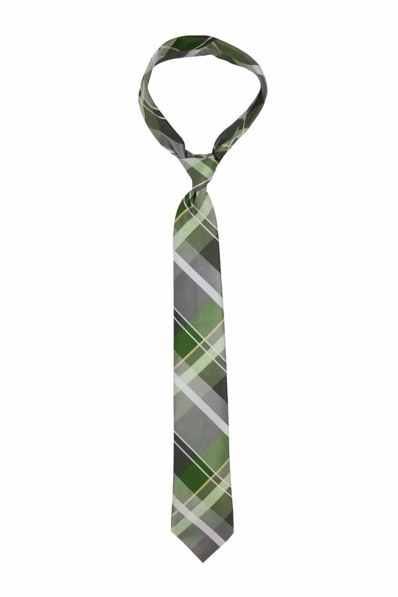 Light Green Plaid Skinny Pre-tied Tie, Tie, GoTie
