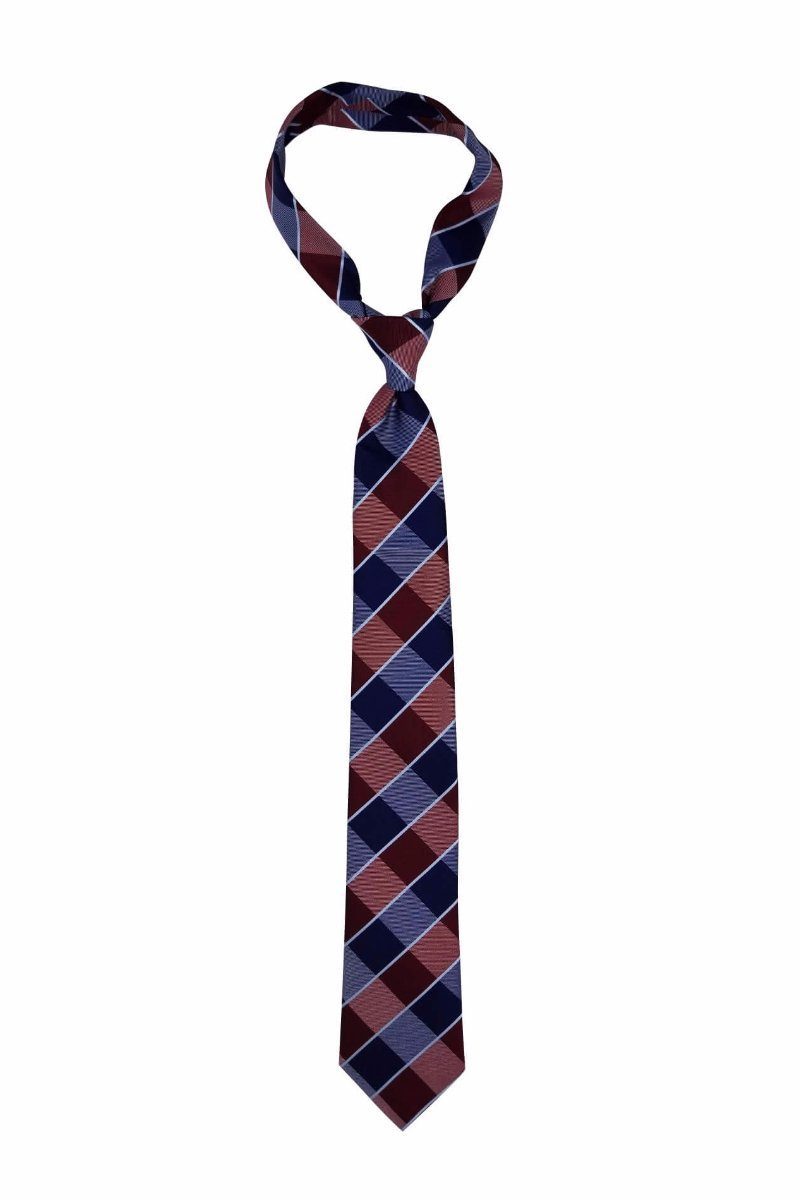 Red Navy Silver Plaid Skinny Pre-tied Tie, Tie, GoTie